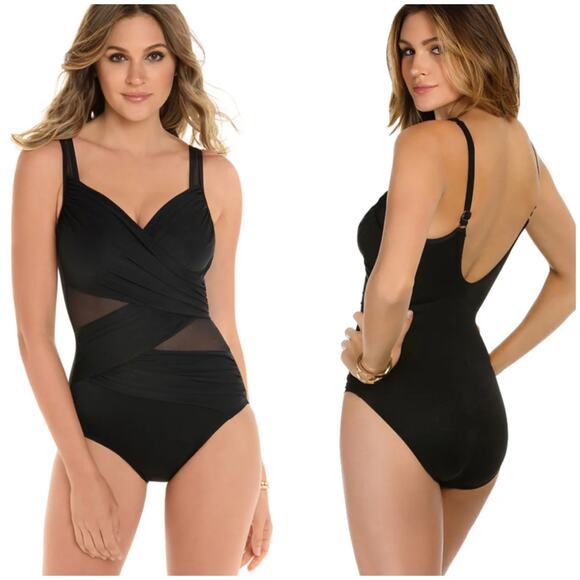 Miraclesuit NWT Solid Black Net Work Madero Underwire One Piece Swimsuit Size 14 - Picture 1 of 13